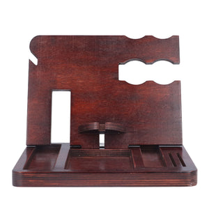 Desktop Storage Bracket in dark reddish-brown wood with a carved upright panel, phone slot, and divided accessory tray