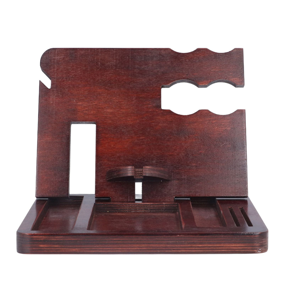 Desktop Storage Bracket in dark reddish-brown wood with a carved upright panel, phone slot, and divided accessory tray