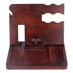 Desktop Storage Bracket in dark reddish-brown wood with a phone slot, watch stand, and divided accessory compartments