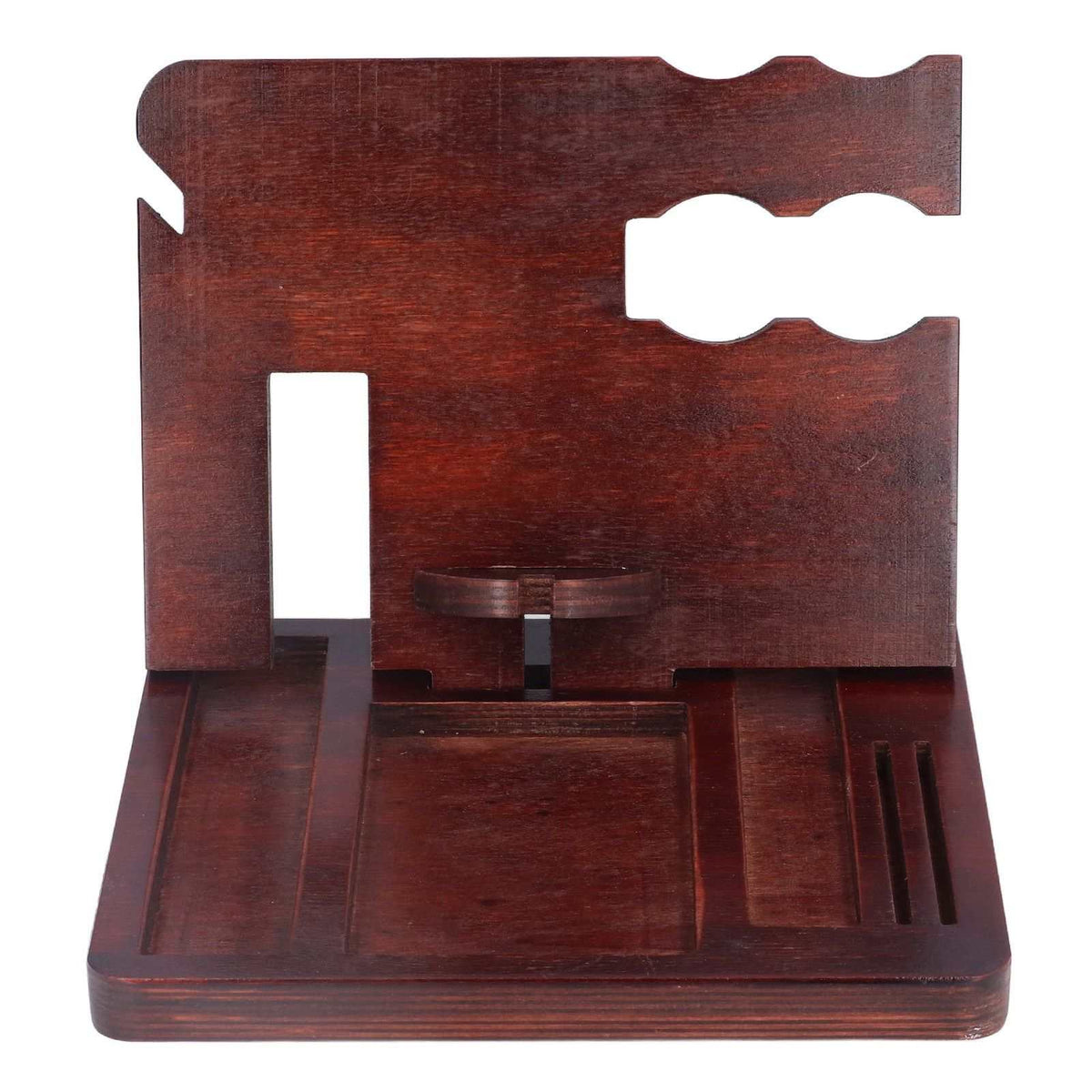 Desktop Storage Bracket in dark reddish-brown wood with a phone slot, watch stand, and divided accessory compartments