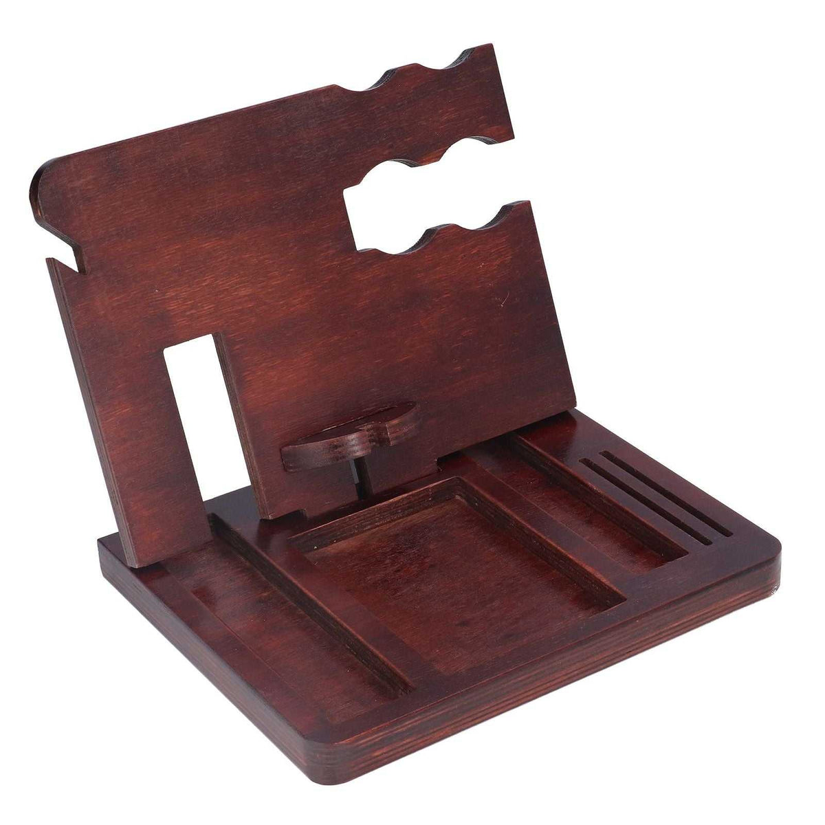 Desktop Storage Bracket in dark reddish-brown polished wood, with a slotted upright panel and divided tray for accessories