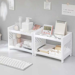 Desktop Storage Shelf Multifunctional white plastic two-tier organizer with ventilated side panels and open storage shelves