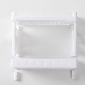 Desktop Storage Shelf Multifunctional in white plastic, with two separate rectangular tiers and slim upright supports.