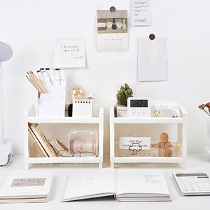 Desktop Storage Shelf Multifunctional white plastic two-tier organizers with open compartments holding stationery, books and small accessories