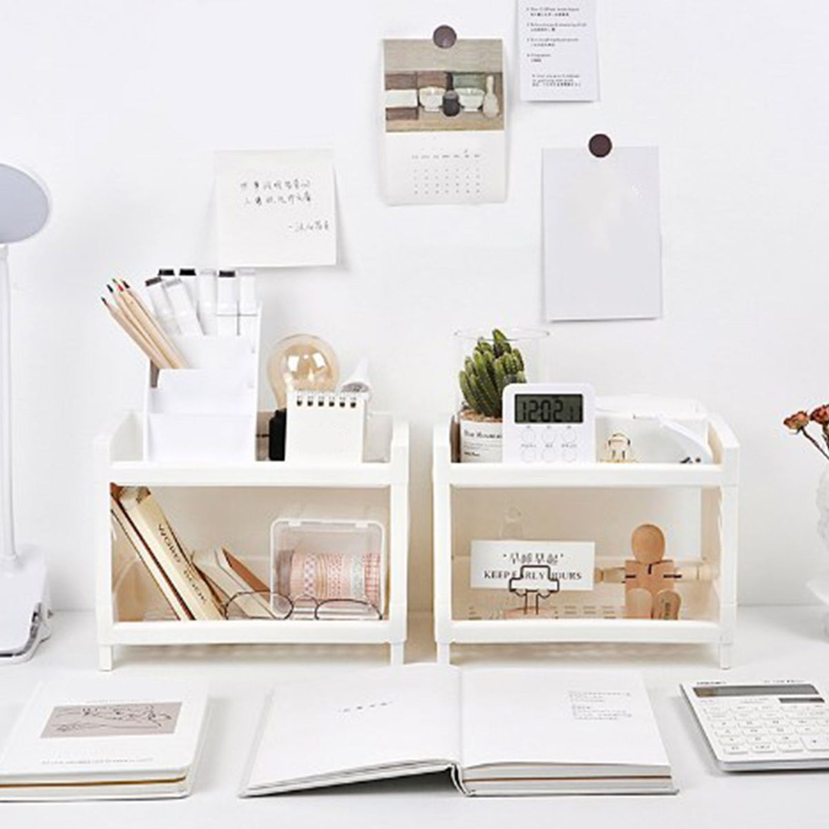 Desktop Storage Shelf Multifunctional white plastic two-tier organizers with open compartments holding stationery, books and small accessories