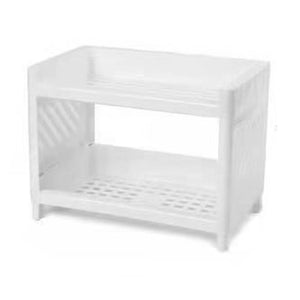 Desktop Storage Shelf Multifunctional, white plastic two-tier organizer with a solid upper tray and perforated lower shelf