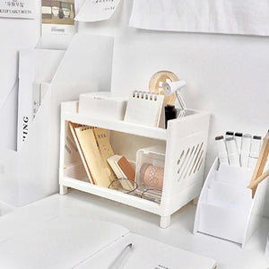 Desktop Storage Shelf Multifunctional white plastic organizer with two tiers, perforated sides and stationery storage
