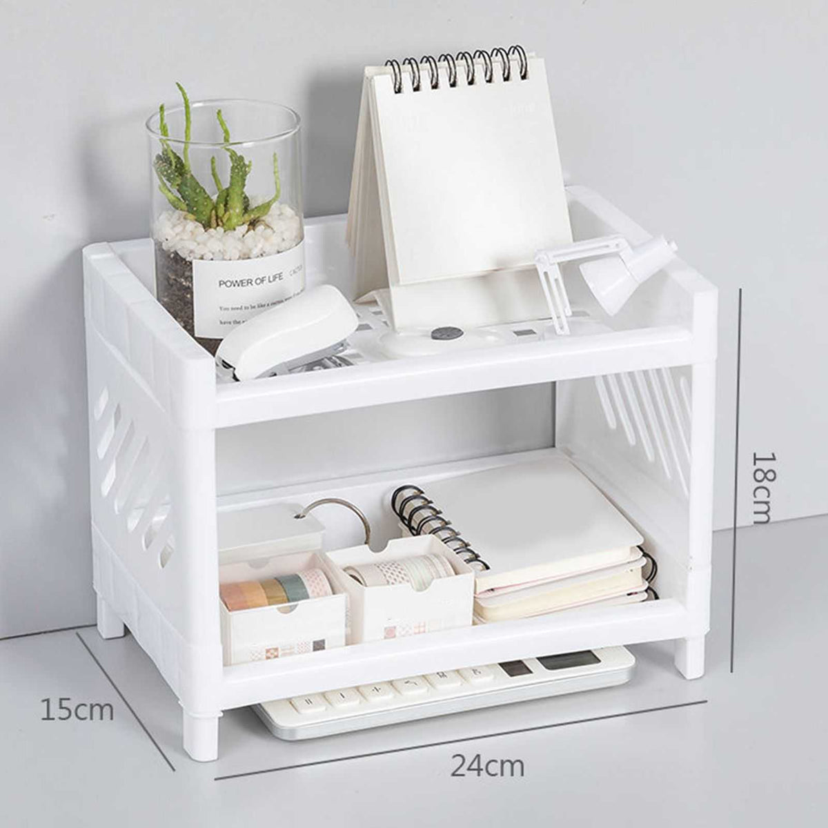 Desktop Storage Shelf Multifunctional white plastic two-tier organizer with slotted side panels and compact open shelves