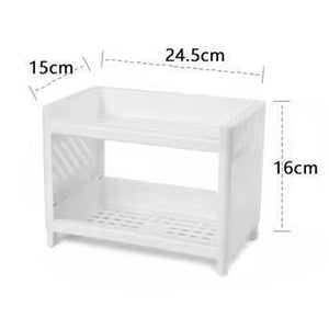 Desktop Storage Shelf Multifunctional white plastic two-tier organizer with perforated lower shelf and compact rectangular shape