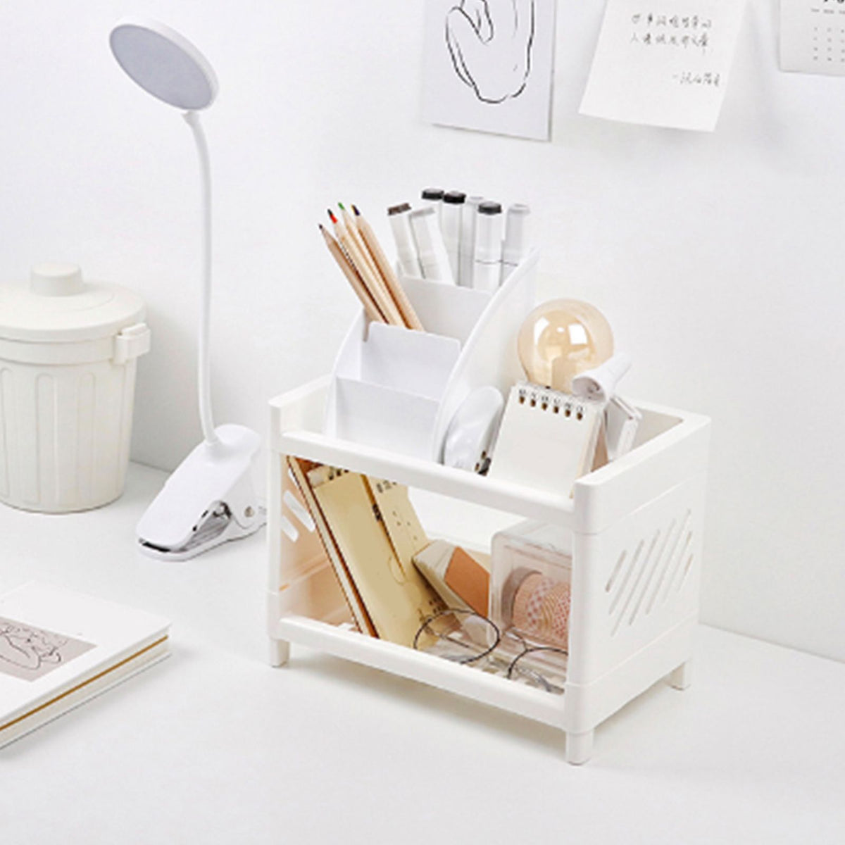 Desktop Storage Shelf Multifunctional white plastic organizer with two tiers, stationery compartments and side ventilation slots