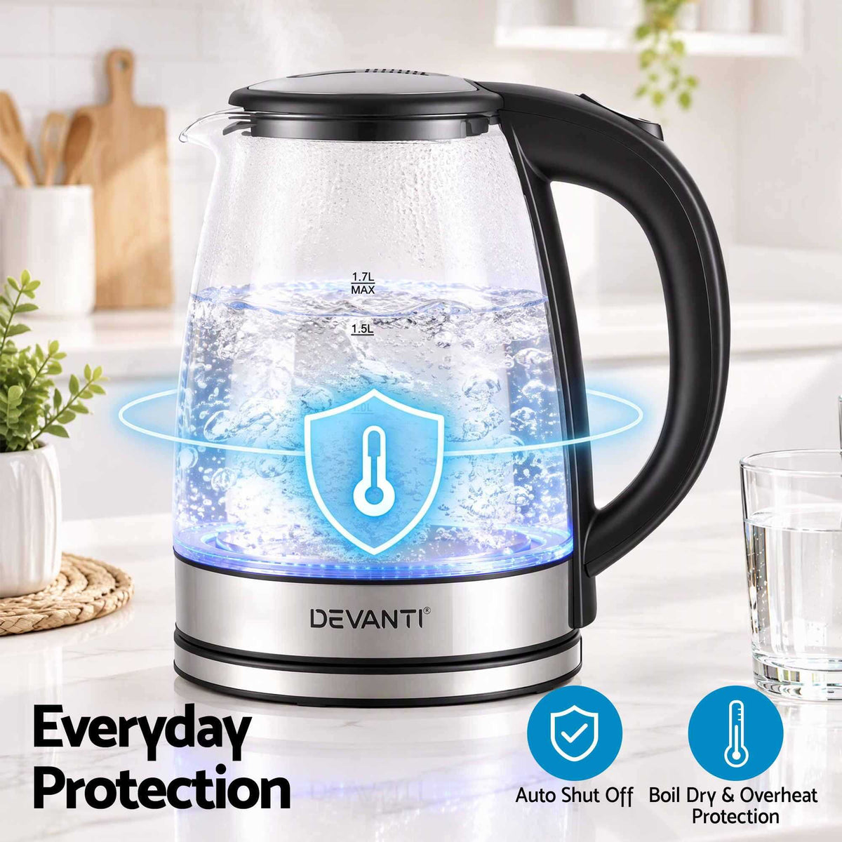 Devanti 1.7L Glass Electric Kettle with clear glass body, black handle and lid, stainless steel trim, blue LED glow