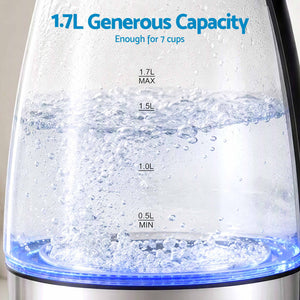 Devanti 1.7L Glass Electric Kettle with a clear glass body, visible water level markings and blue LED base while boiling
