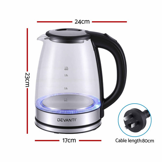 Devanti 1.7L Glass Electric Kettle with clear glass body, black handle and lid, stainless steel base and blue LED ring