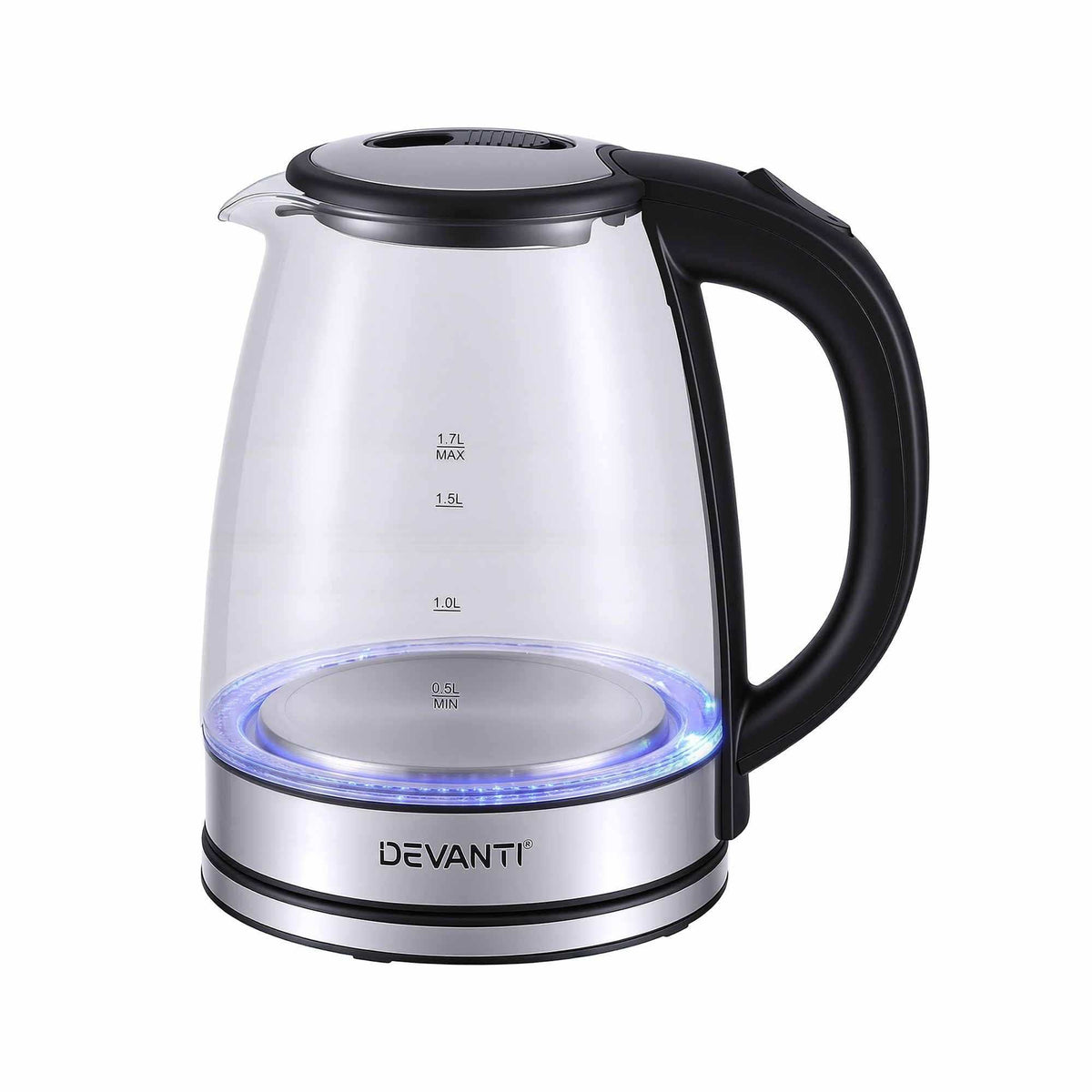 Devanti 1.7L Glass Electric Kettle with a clear glass body, black handle and lid, stainless steel base, and blue LED ring