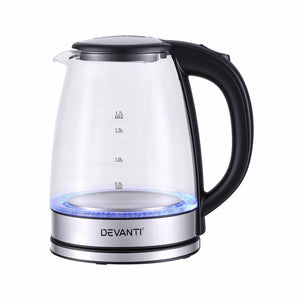 Devanti 1.7L Glass Electric Kettle with clear glass body, black handle and lid, stainless steel base and blue LED ring