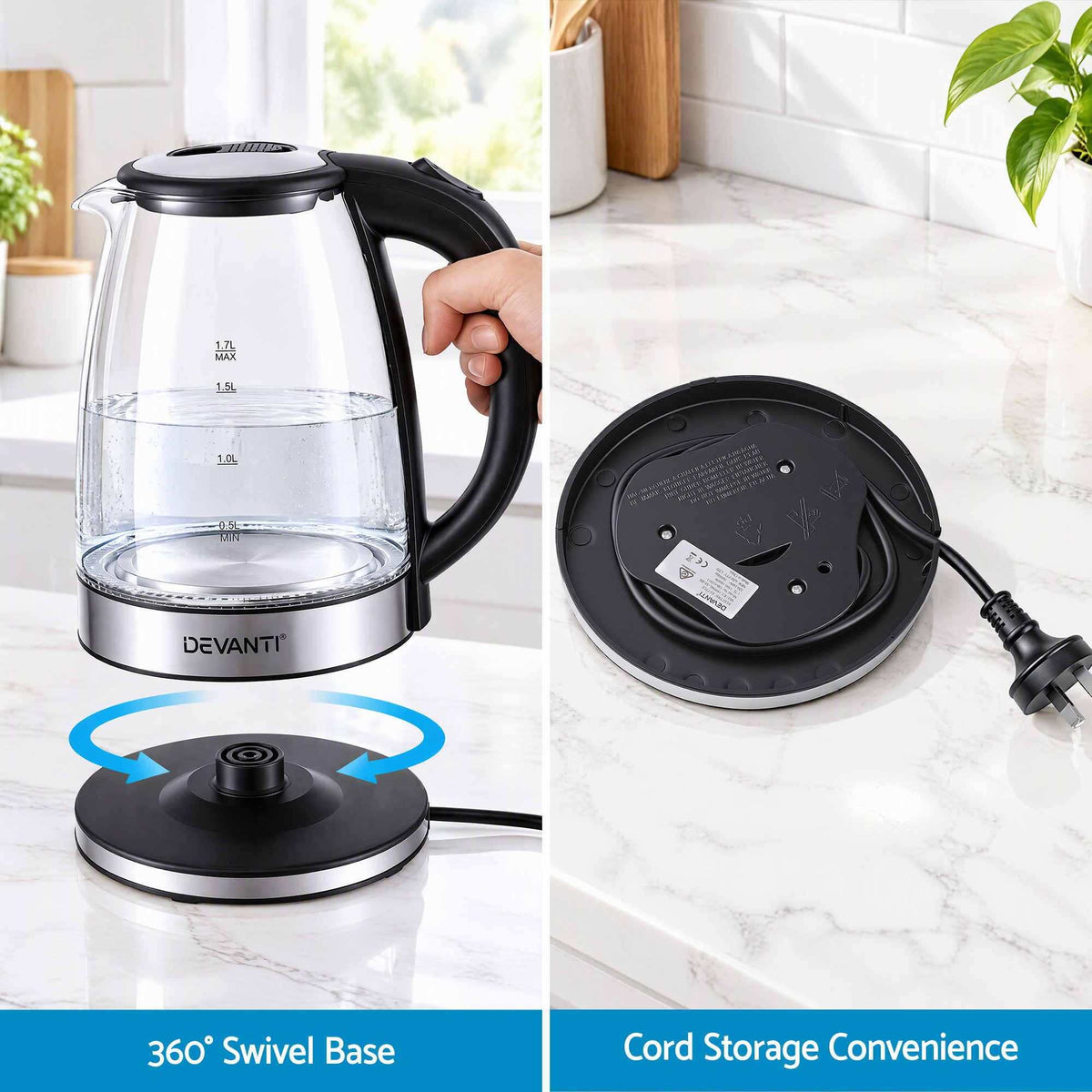 Devanti 1.7L Glass Electric Kettle with clear glass body, black handle and lid, stainless steel base, and 360-degree swivel base.