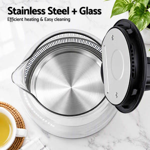 Devanti 1.7L Glass Electric Kettle with a clear glass body and polished stainless steel interior, lid open