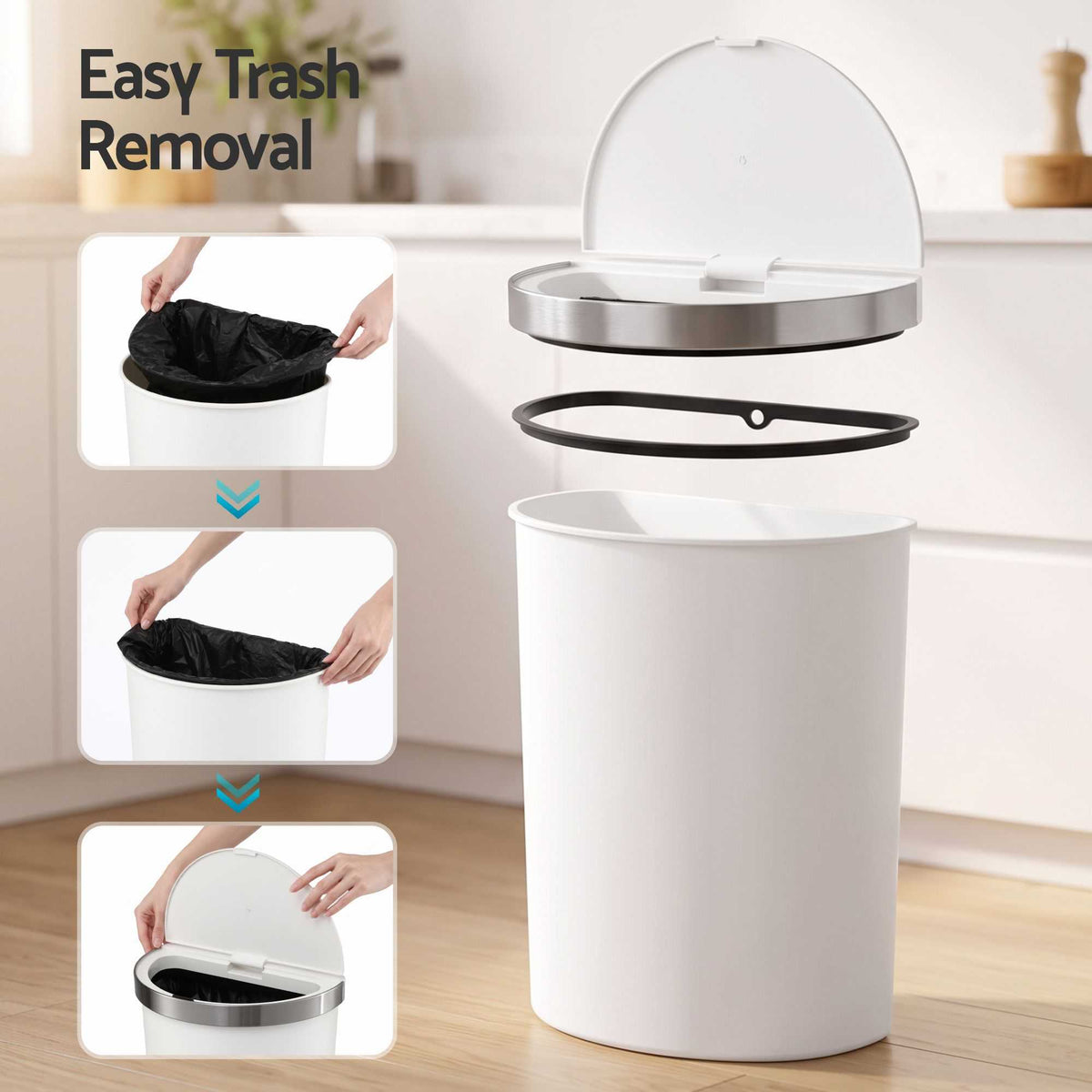 Devanti 50L Motion Sensor Bins shown in white polypropylene with a silver-toned lid and removable black liner ring