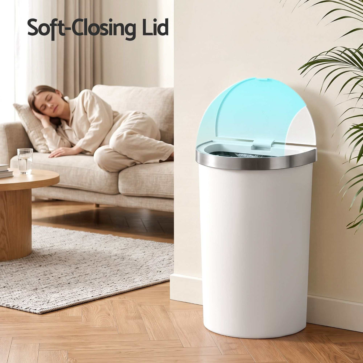 Devanti 50L Motion Sensor Bins white polypropylene body with stainless steel rim and raised soft-closing lid