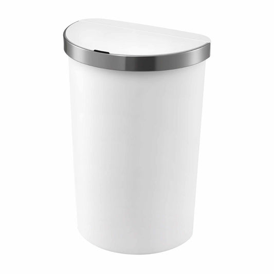 Devanti 50L Motion Sensor Bins white plastic waste bin with a rounded D-shaped body and stainless steel lid trim
