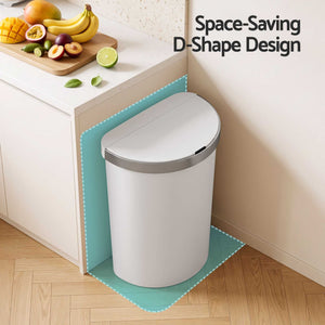 Devanti 50L Motion Sensor Bins with a white D-shaped plastic body, rounded lid and silver trim