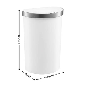 Devanti 50L Motion Sensor Bins white polypropylene bin with a stainless steel rim, curved D-shaped body and lid