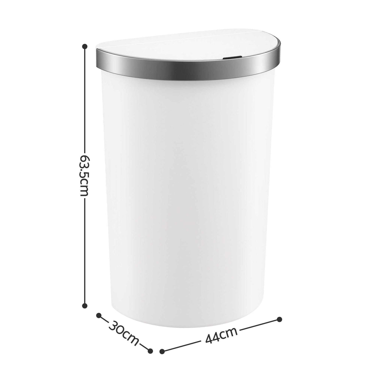 Devanti 50L Motion Sensor Bins white polypropylene bin with a stainless steel rim, curved D-shaped body and lid