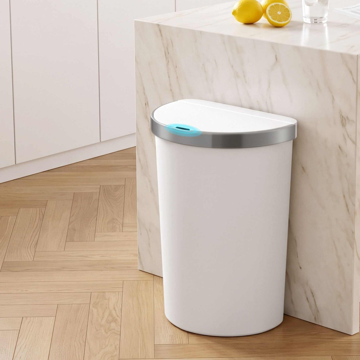 Devanti 50L Motion Sensor Bins white D-shaped waste bin with a silver rim and blue sensor panel