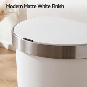 Devanti 50L Motion Sensor Bins features a matte white plastic body, stainless steel rim and D-shaped lid