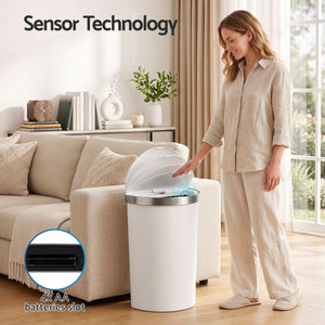 Devanti 50L Motion Sensor Bins in white polypropylene with a silver rim and touchless sensor lid