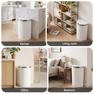Devanti 50L Motion Sensor Bins white oval waste bins with silver-toned lids, shown in kitchen, living room, office and bedroom