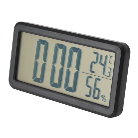 Digital Alarm Clock with a black plastic frame, large LCD time display, and smaller temperature and humidity readings