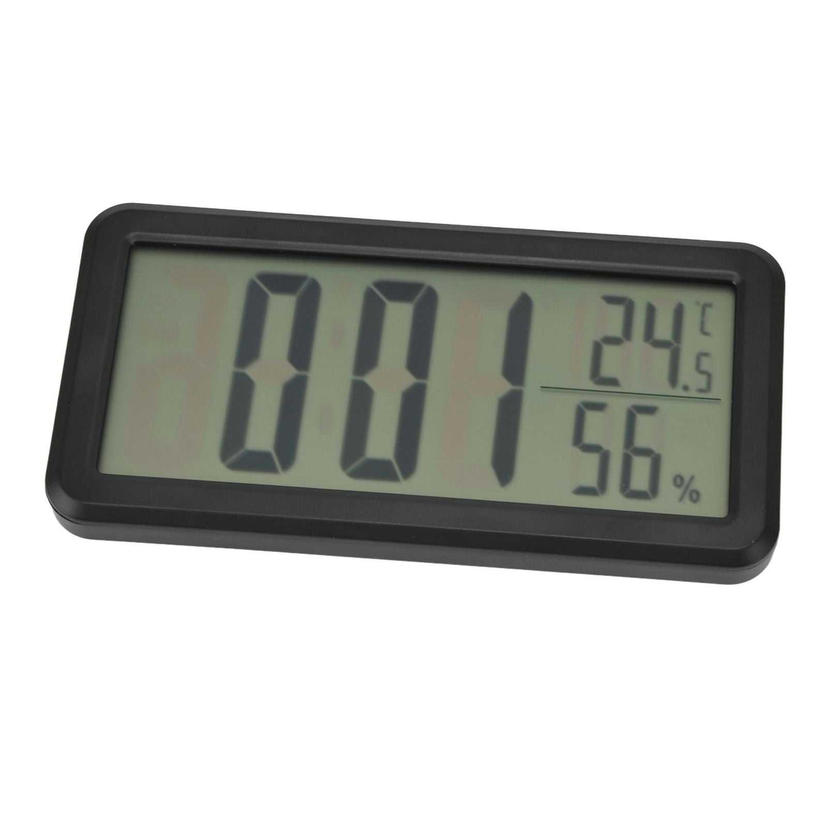Digital Alarm Clock with a black ABS rectangular case and LCD showing time, temperature and humidity readings