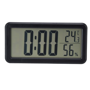 Digital Alarm Clock with a black plastic frame and LCD screen showing time, temperature and humidity readings