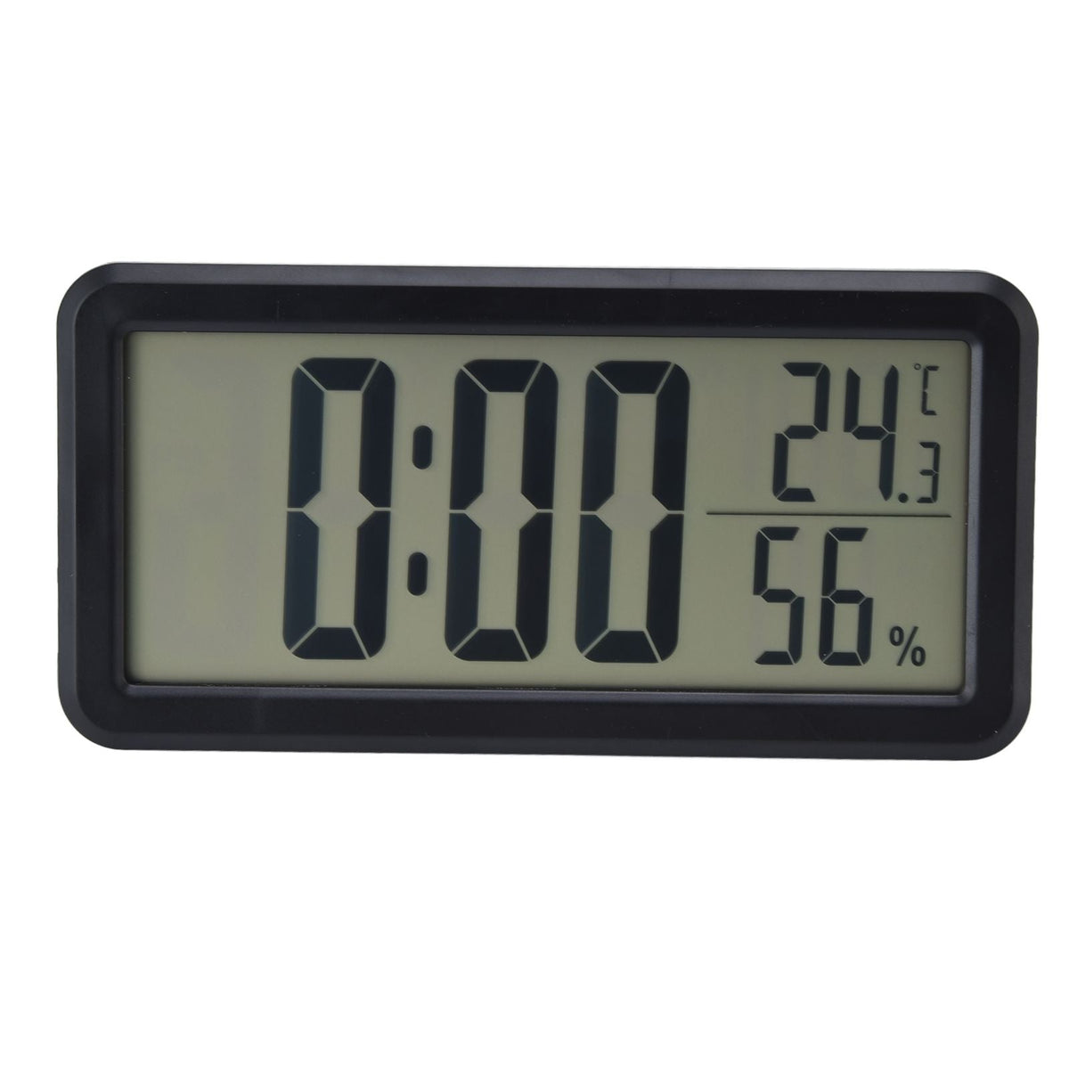 Digital Alarm Clock with a black plastic frame and LCD screen showing time, temperature and humidity readings