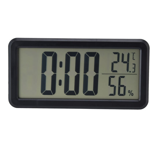 Digital Alarm Clock with a black plastic frame and LCD screen showing time, temperature and humidity readings