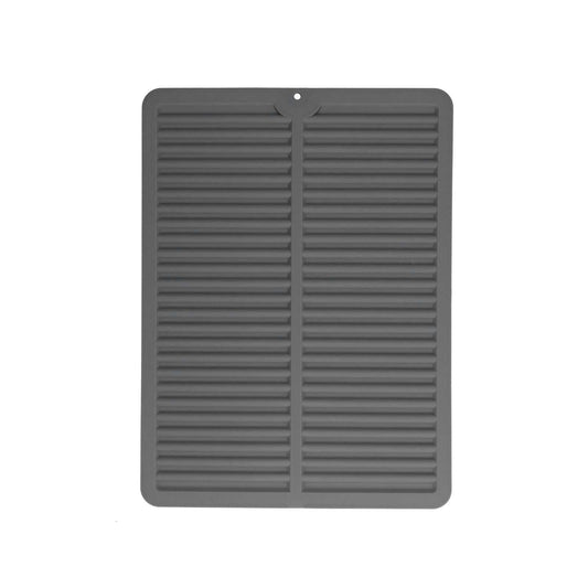 Dish Drying Mat in charcoal grey silicone, with a rectangular shape, raised drainage ribs, and a small hanging hole