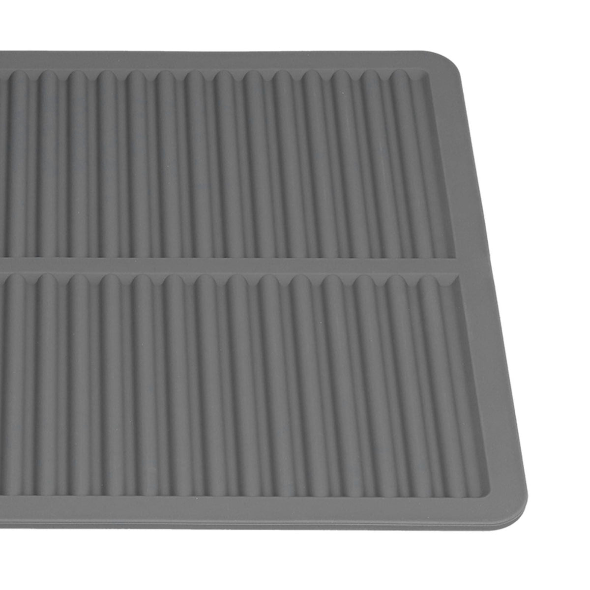 Dish Drying Mat in dark gray silicone with a ribbed drainage surface, divided into two sections and raised edges