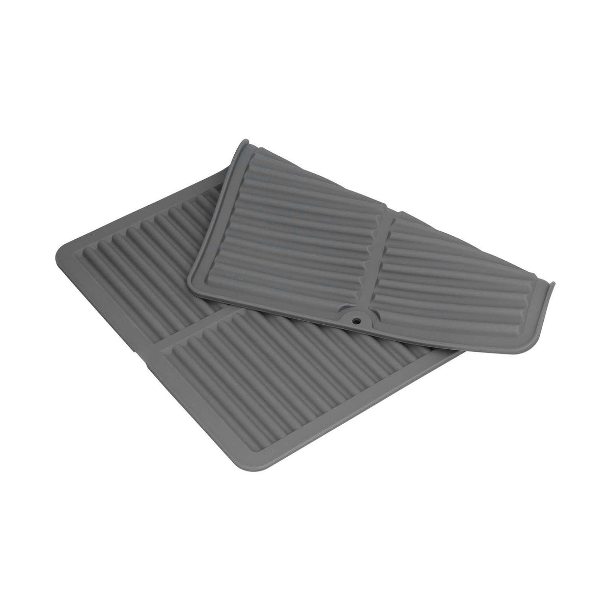 Dish Drying Mat in dark gray silicone with raised ridges, wide edges and a rolled, layered design