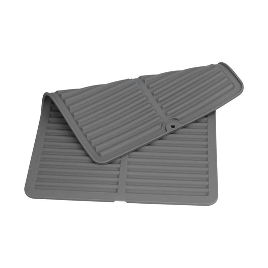 Dish Drying Mat in dark grey silicone with a ribbed draining surface, raised edges and a hanging hole