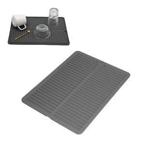 Dish Drying Mat in dark grey silicone with a ribbed draining surface and raised edge for drying dishes