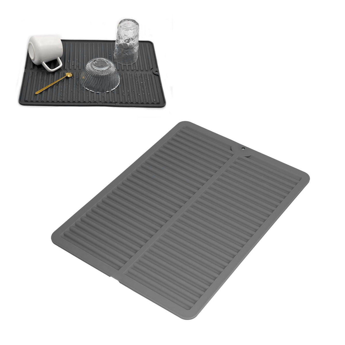 Dish Drying Mat in dark grey silicone with a ribbed draining surface and raised edge for drying dishes