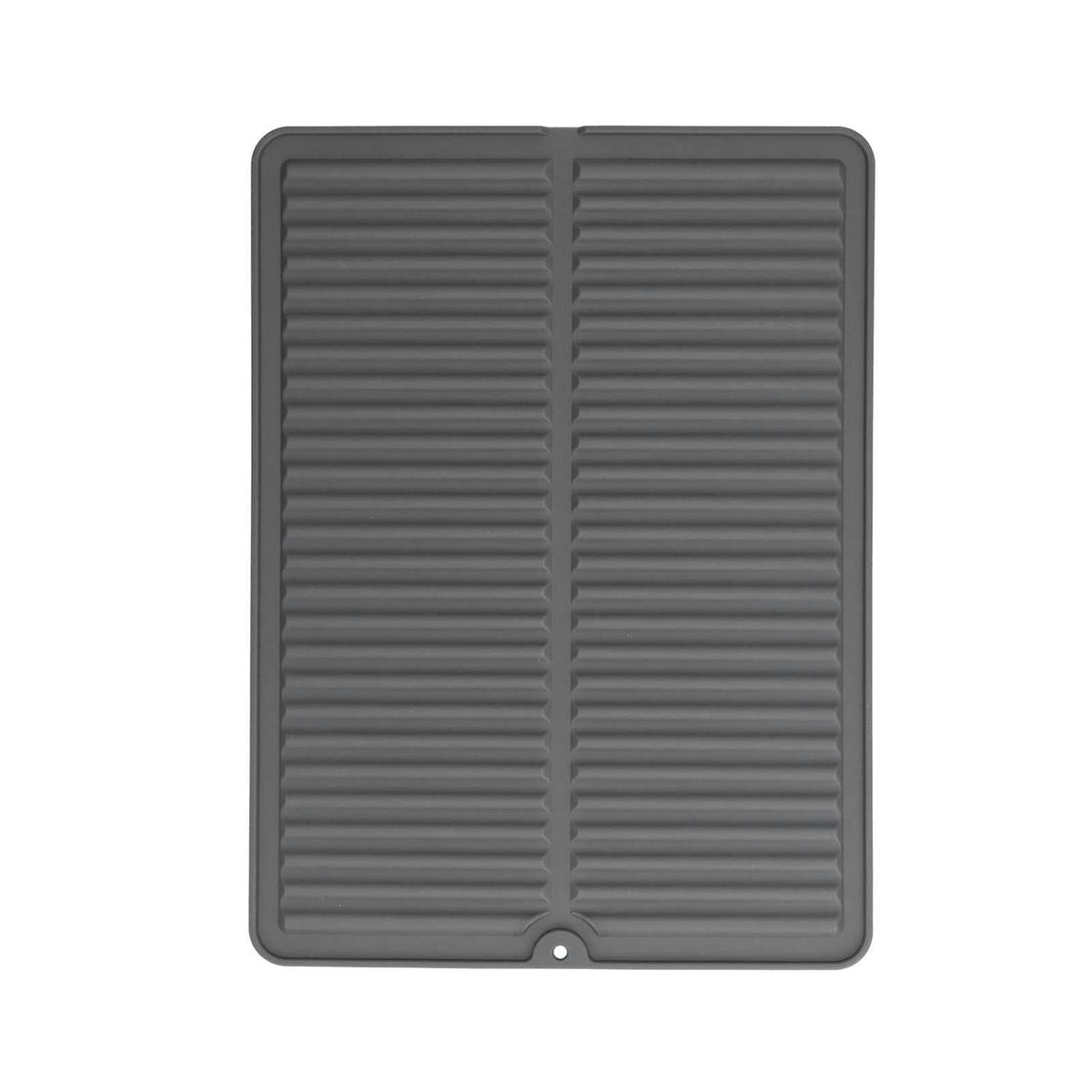 Dish Drying Mat in dark grey silicone with raised parallel drainage ridges and a small hanging hole