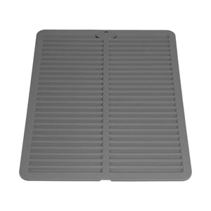 Dish Drying Mat in dark grey silicone with parallel raised drainage ridges, a central divider and raised edges