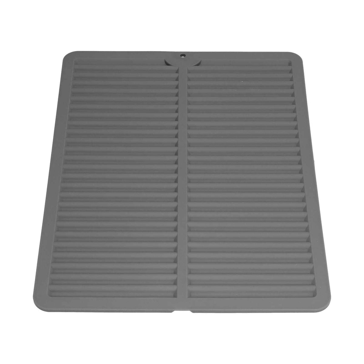 Dish Drying Mat in dark grey silicone with parallel raised drainage ridges, a central divider and raised edges