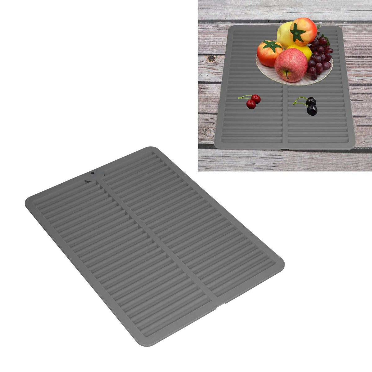 Dish Drying Mat in gray silicone with a ribbed surface, raised border, and central drainage channel for dishes