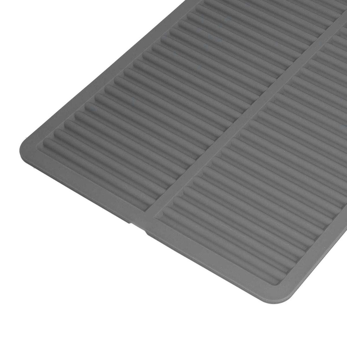 Dish Drying Mat in dark gray silicone with a ribbed surface, raised edges, and a central drainage channel