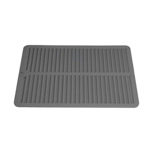 Dish Drying Mat in dark gray silicone with a rectangular shape, raised ridges, and wide edges for draining dishes