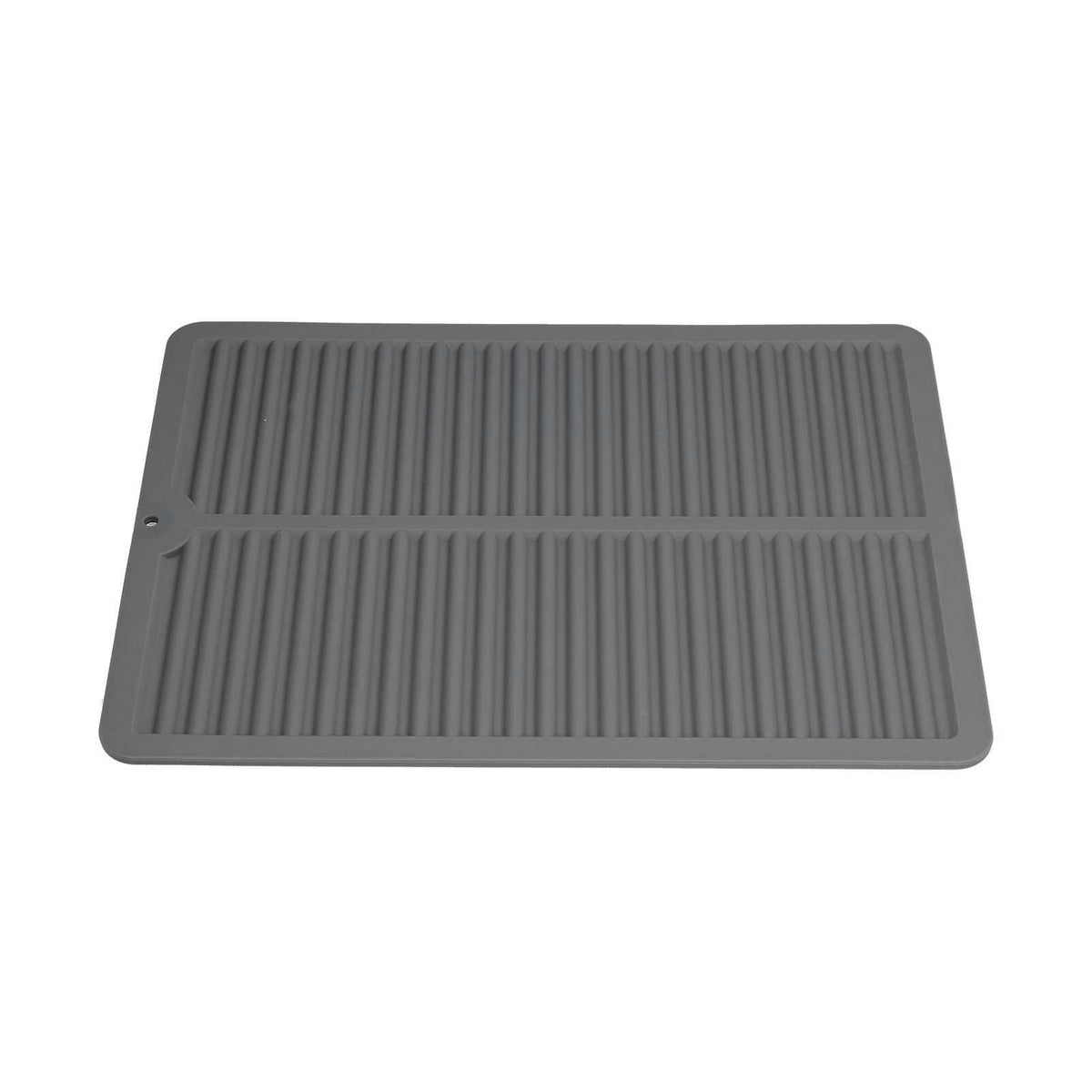 Dish Drying Mat in dark gray silicone with a rectangular shape, raised ridges, and wide edges for draining dishes