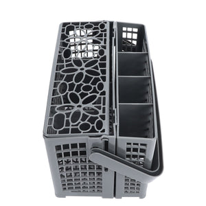 Dishwasher Silverware Basket in dark gray ABS plastic with two hinged sections, divided compartments and perforated sides